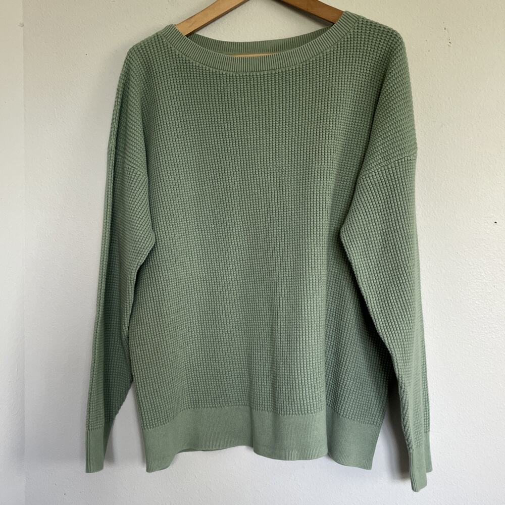 L.L.Bean Womens Sunwashed Waffle Knit Sweater 1X/XL Plus Faded Sage Green Cotton